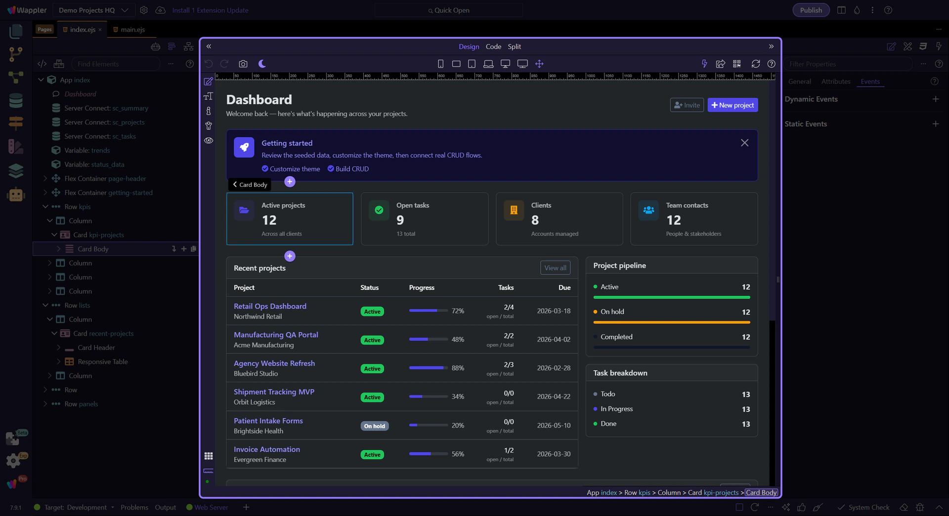 A guided Wappler tour highlighting the visual editor and a working dashboard