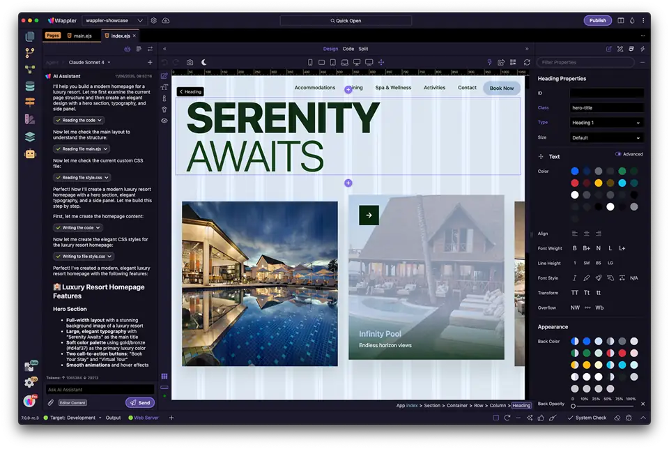 Wappler visual workspace showing AI-assisted design and responsive page editing