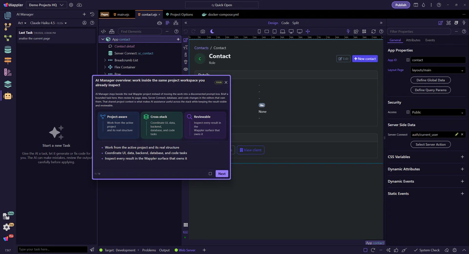 Complete AI Manager task panel inside Wappler
