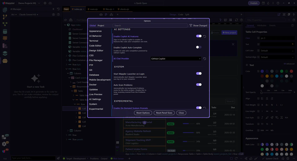 AI provider setup controls in Wappler AI Manager