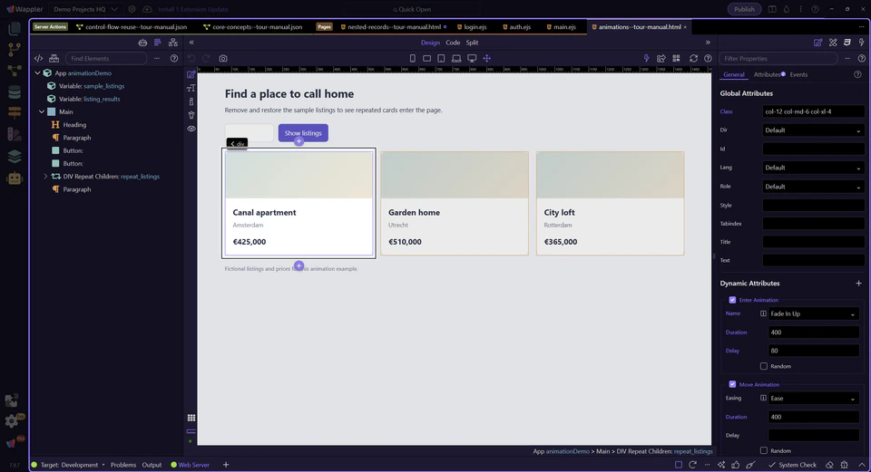 A responsive visual listings page with expanded page structure and selected component properties