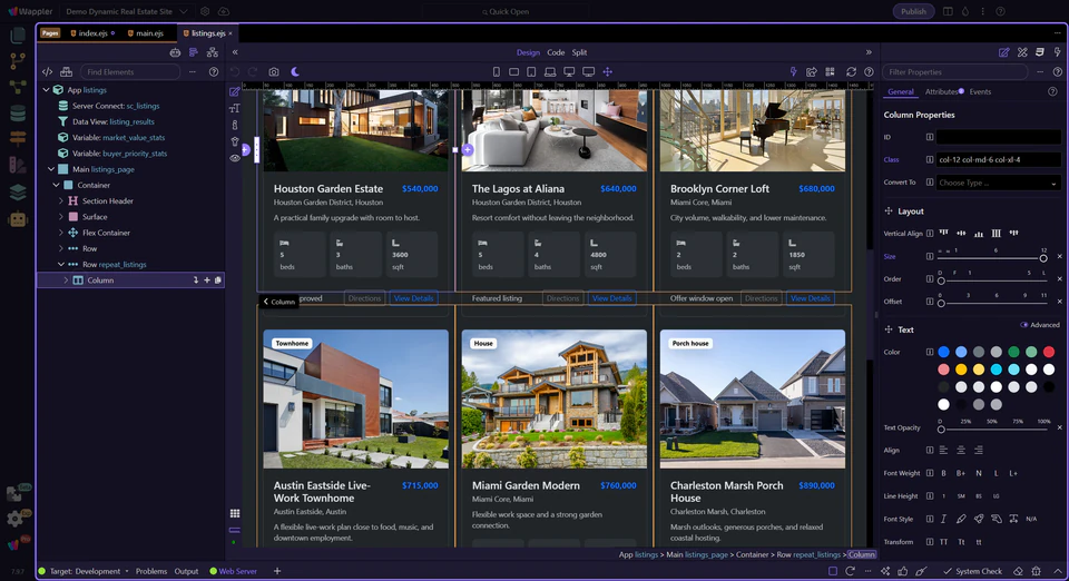 A full responsive listings canvas with expanded structure and selected component properties in Wappler