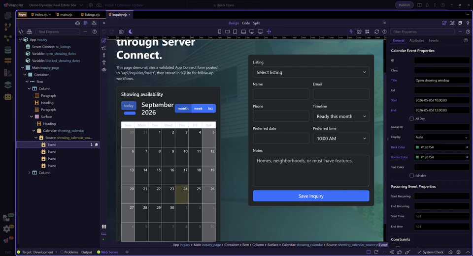 A populated App Connect calendar event selected inside a complete application page