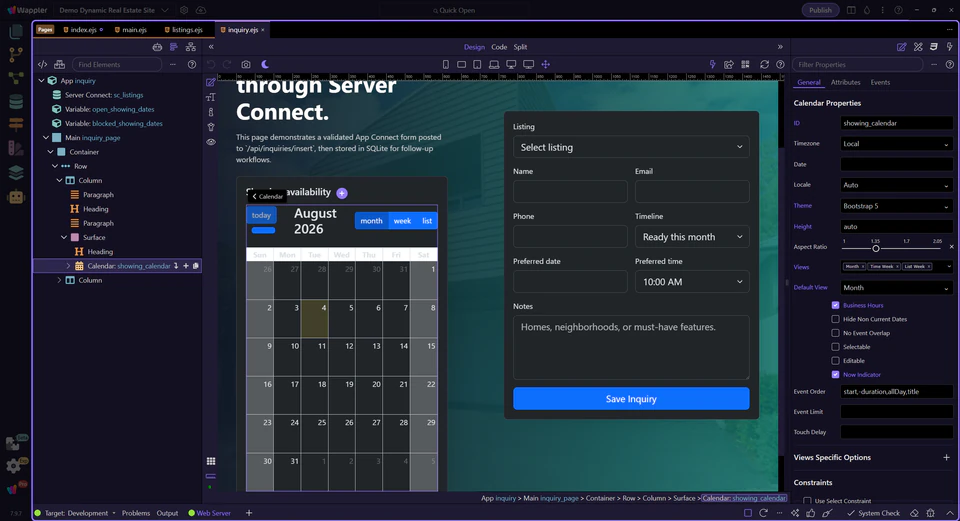 A complete Event Calendar and inquiry form with expanded App Structure and populated Calendar properties in Wappler