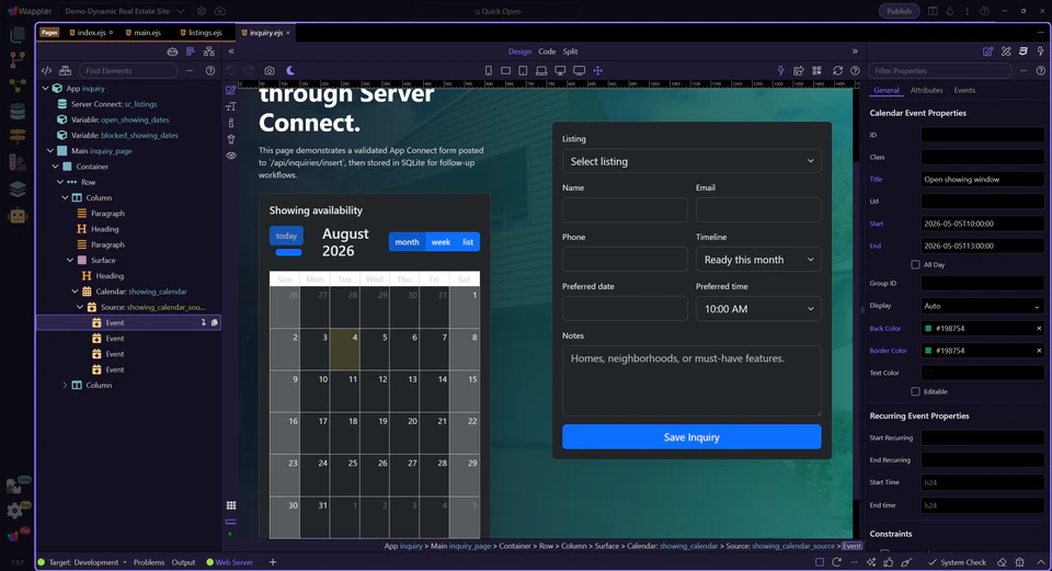 A populated App Connect calendar event selected inside a complete application page