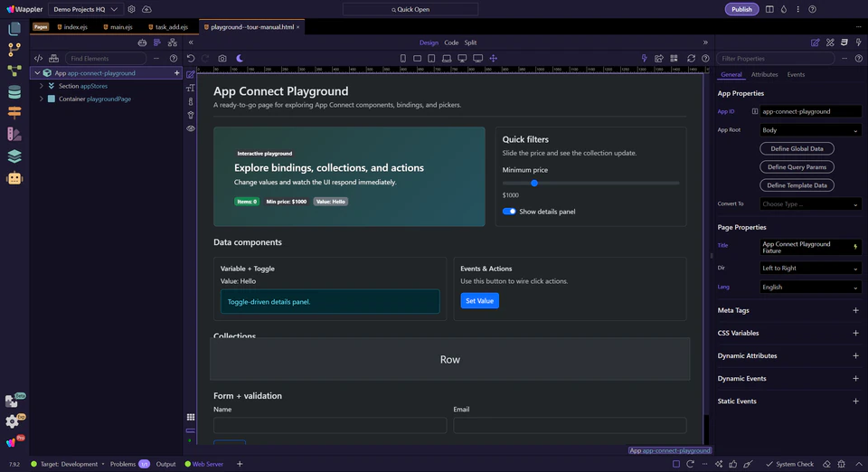 Interactive App Connect playground for client-side actions and data