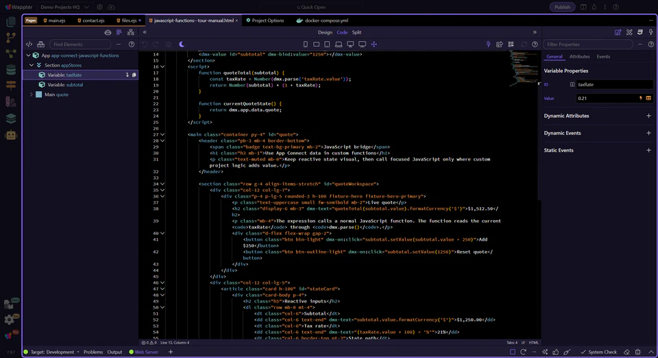 Wappler Code View showing App Connect expressions and focused custom JavaScript beside project state