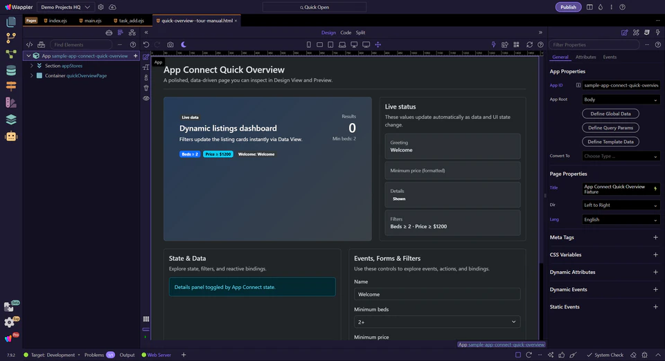 Wappler visual workspace in the App Connect guided tour