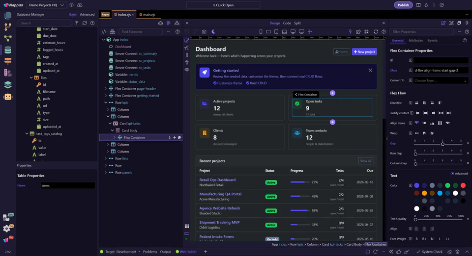 Database schema and application interface shown together in Wappler