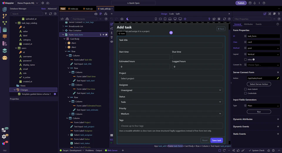 Complete Database Manager schema workspace alongside a Wappler project
