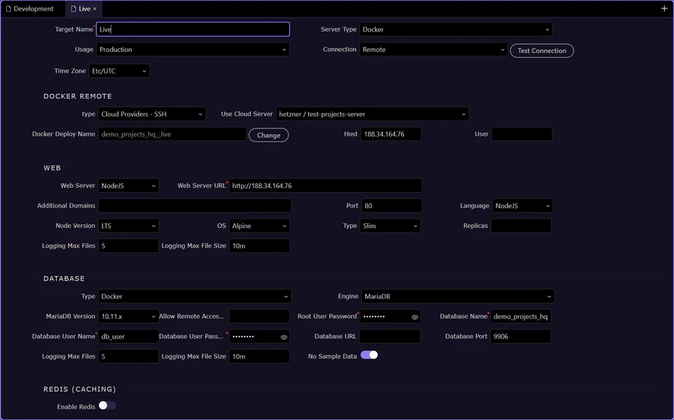 Complete production target and Docker deployment configuration in Wappler