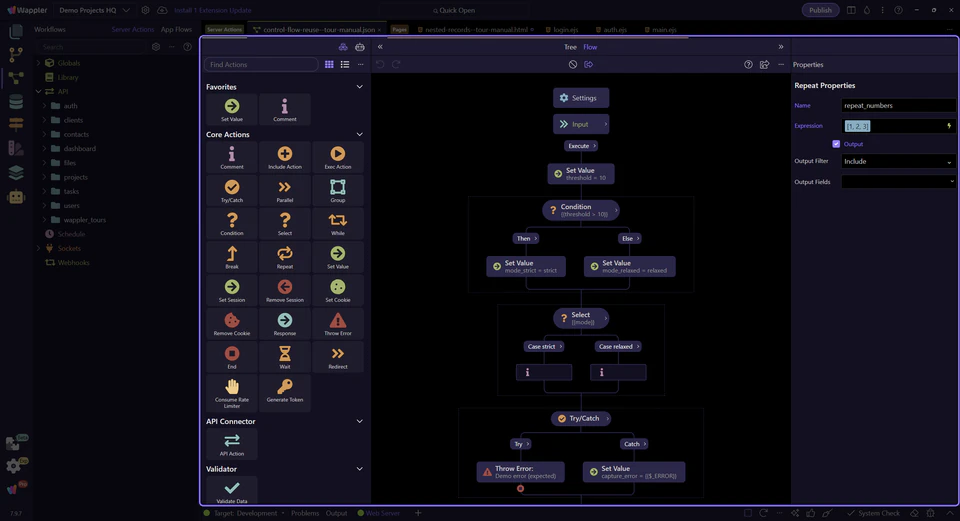 A complete Server Connect flow with nested conditions, selection, error handling and a selected Repeat inspector