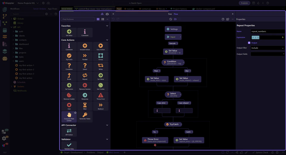 A complete Server Connect flow with nested conditions, selection, error handling and a selected Repeat inspector
