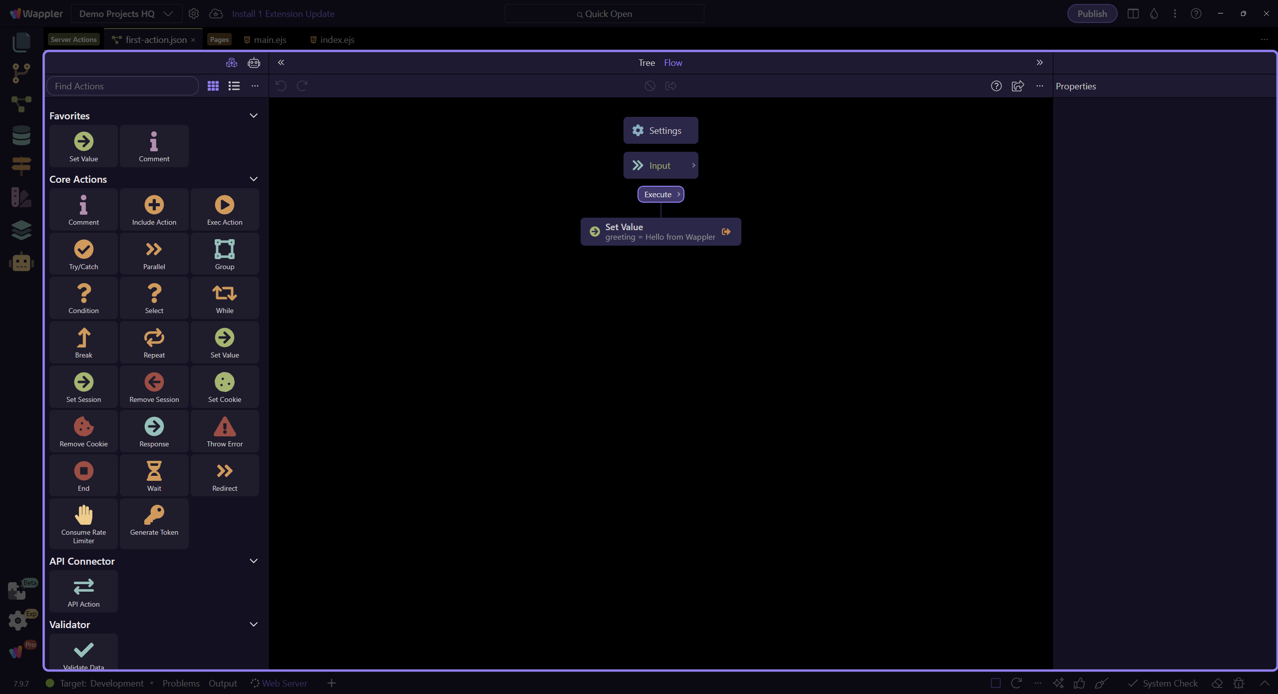 A first Server Connect action returning a greeting in Wappler