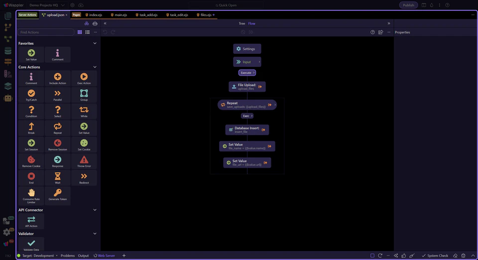 Server Connect visual action workflow in the current Wappler interface